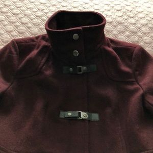 Kenneth Cole Wool Long Buckle Pea Coat Maroon Red